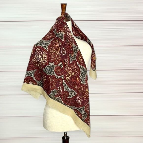 Wool Square Scarf Lightweight Tan Brown Plum Paisley Print Made in Italy 33x33” - Picture 6 of 8